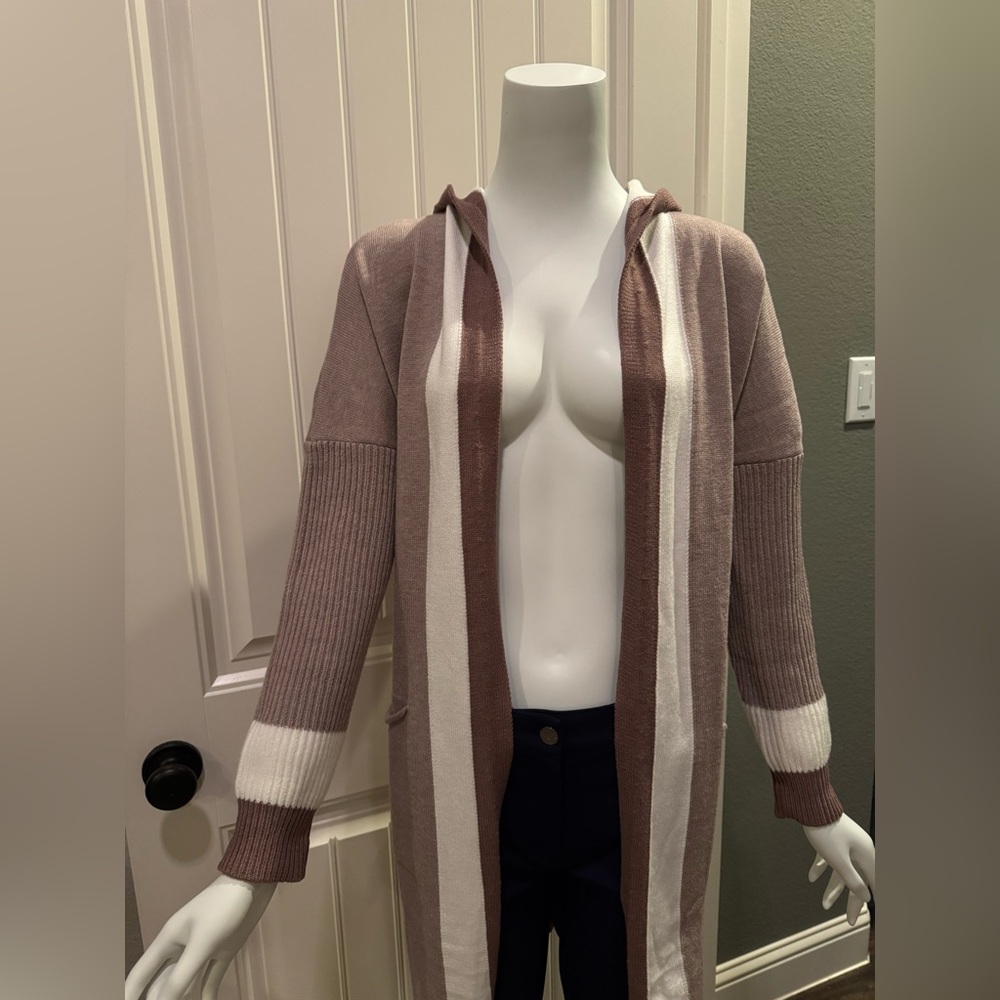 Chouyatou Hooded Color Block Knit Cardigan Apricot Khaki Viscose Blend Size L - Picture 4 of 9